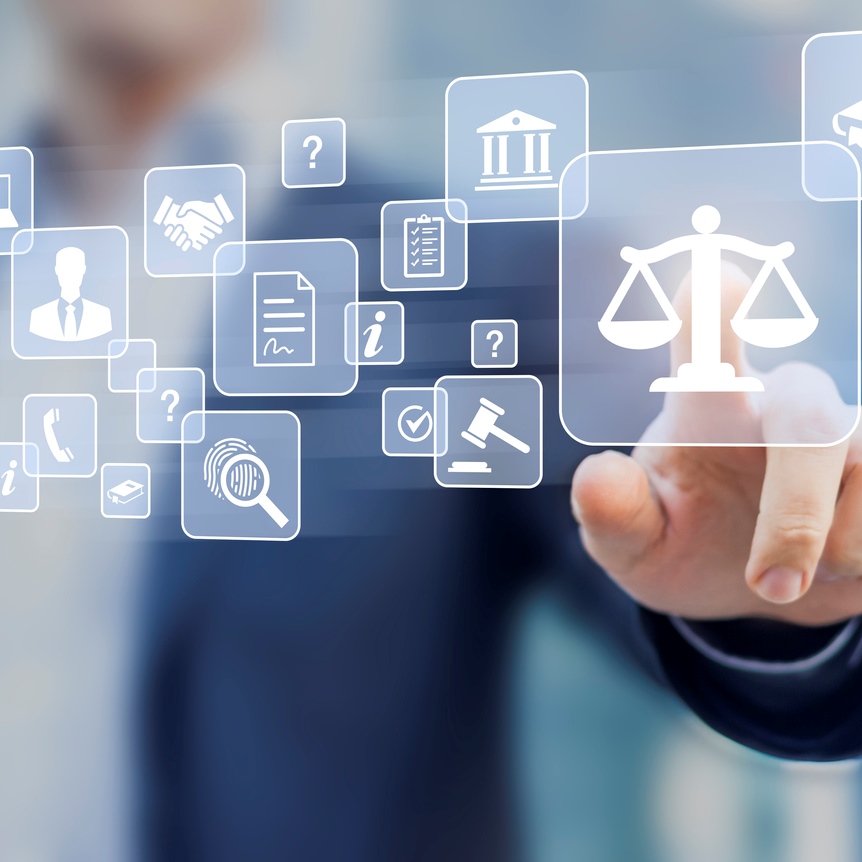 Hand selecting digital buttons representing law-related buttons