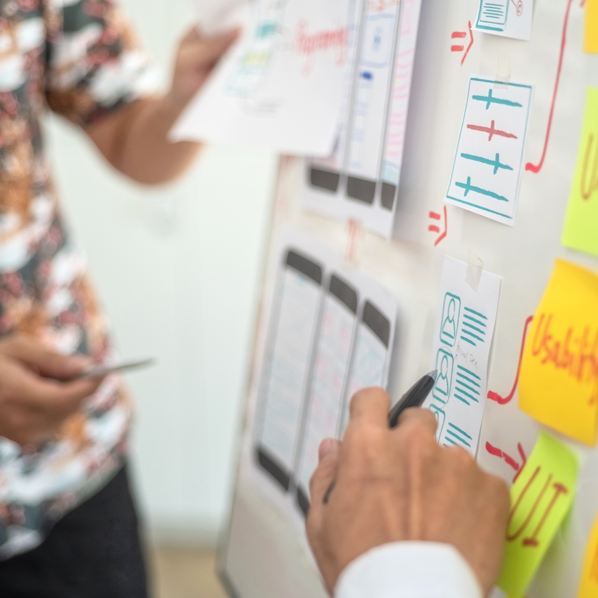 people standing at a project whiteboard with notes on it